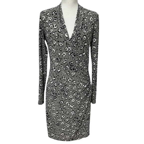 Norma Kamali Leopard Print Long Sleeve Ruched Faux Wrap Grey White Black SZ Med - Picture 1 of 10